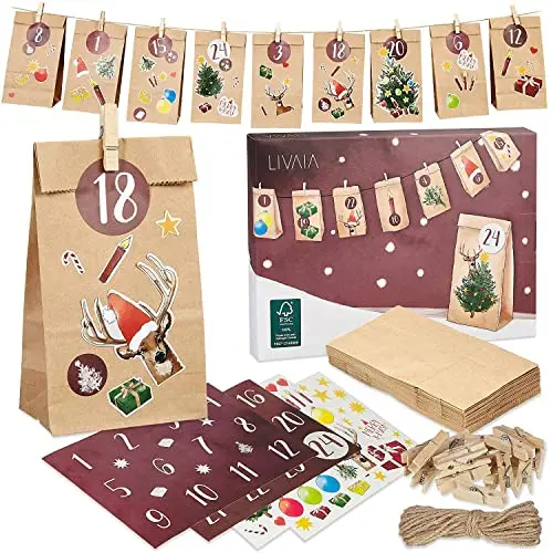 LIVAIA Calendario Adviento DIY para Rellenar - Bonito Calendario Adviento 2025 con 24 Bolsas Papel Kraft, Sobres Papel, Adhesivos y Pegatinas de Cifras - Regalos Personalizados para Hombres y Mujeres