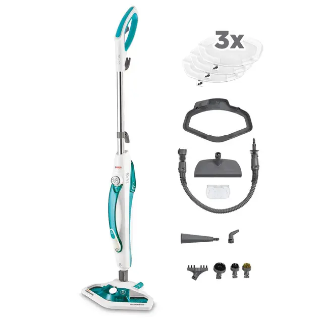 Polti Vaporetto SV450 Doble, Escoba a Vapor 2 en 1 con Limpiador Portátil, Potencia Máxima 1500 W, 13 Accesorios Incluidos, Depósito Extraíble 0,3 L, Azul Claro y Blanco