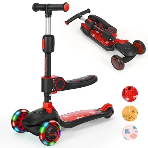 BremToy Patinete para Niños 2 Años con Asiento, Scooter 3 Ruedas LED Parpadeantes, Patinete Niños Plegable con Altura Ajustable de 2 a 8 años, Carga Máxima de 50 kg