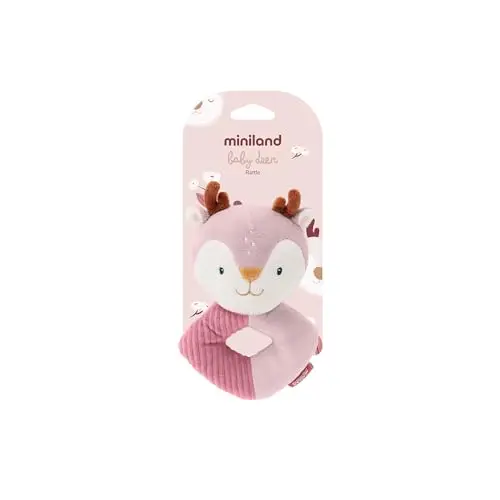 Miniland Peluche bebé sonajero para neonato suave de tela rosa | Ciervo | ligero y fácil de agarrar, estimulación sensorial temprana, ideal como regalo para recién nacido