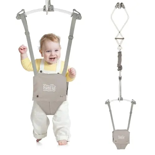 FUNLIO Hamaca para Puerta de Bebé para 6-24 Meses (con Abrazadera de Puerta), Puerta para Saltador para Bebé con Resorte Fuerte/Correa Ajustable, Fácil de Montar, Carga 18 kg, Certificado CE CPC-Gris