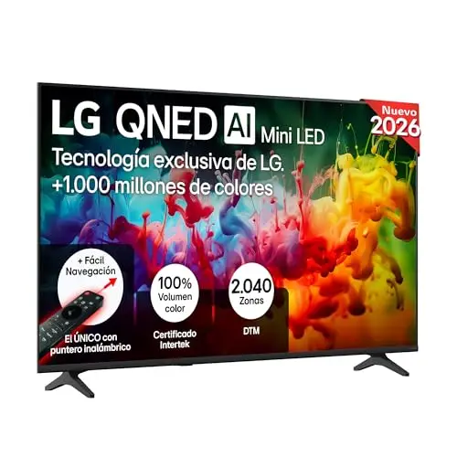 LG 55QNED70B6C - TV 55", QNED MiniLED, 4K AI, Smart TV, WebOS 25, Sin Reflejos al 94%, Procesador Alpha 5 Gen7 AI, 120Hz, Super Upscaling, HDR10 y Dolby Digital Plus, Alexa/Google Assistant, Negro