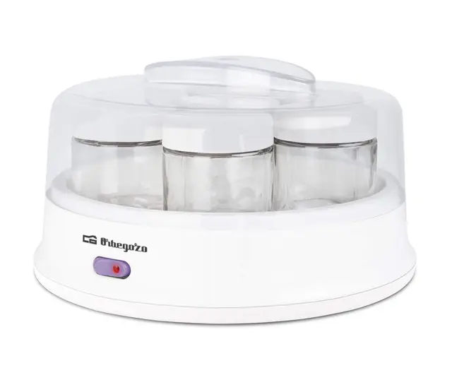 Orbegozo YU 2350 - Yogurtera con 7 tarros de 200 ml de Capacidad, 15 W, Tapa Transparente, Interruptor Encendido/Apagado,Apto lavavajillas, Blanco