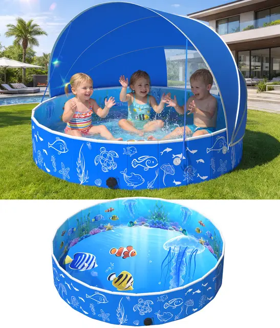 Luxfero Piscina para Niños con Techo, Piscina para Niños con Toldo Solar, Piscina Desmontable Plegable para Niños, Fácil de Guardar, Piscina Familiar para Jardín o Playa, 130 x 130 x 30 cm