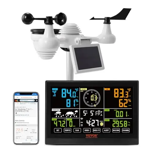 VEVOR 7 en 1 Estación Meteorológica Inalámbrica Wifi Interior Exterior Gran Pantalla a Color de 7,5" Estación Meteorológica Digital Temperatura Humedad Velocidad Dirección del Viento Sensor de Lluvia