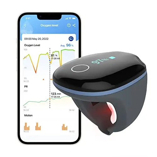 O2 Ring Pulsioxímetro Bluetooth, Oxímetro Dedo Nocturno con Alarma, Medición de la saturación de oxígeno (SpO₂), Frecuencia Cardíaca (pulso), APP para Android e iOS, Reporte de PC