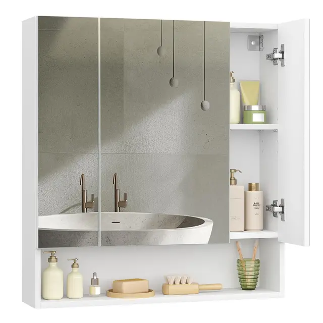 VASAGLE Kailyn Colección - Armario de Baño con Puertas de Espejo, Armario de Pared de Baño, Armario de Pared con Espejo, Estantes Ajustables, 16,5 x 70 x 75 cm, Blanco Nube BBK129W01V1