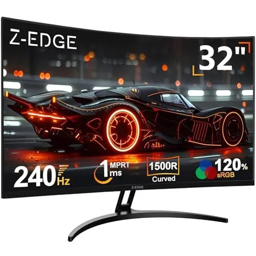 Z-Edge Monitor Gaming Curvo 32'' 240 Hz, 1ms, 1080P, FreeSync, Pantalla PC Bisel Ultra Fino, 1500R VA, Inclinación Ajustable, 2* HDMI 2.0 & 2* DP 1.4, RGB Luz de Respiración(Cable HDMI Incluido)