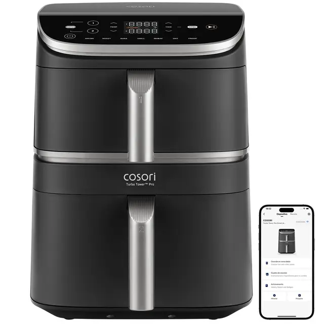 Cosori Air Fryer Turbo Tower Pro Smart 10,8 Litros, Freidora de Aire con Revestimiento Cerámico sin PFAS, Doble Resistencia con Turbo Blaze, Airfryer de Doble Cesta Vertical con 7 Funciones y WiFi
