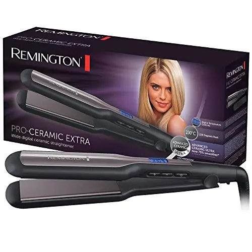 Remington Plancha de Pelo Ancha Pro Ceramic Extra, Cerámica Avanzada Ultra, Placas Flotantes, Temperatura hasta 230°C, Función Turbo y Bloqueo Temperatura, Digital, Calentamiento 15s, S5525