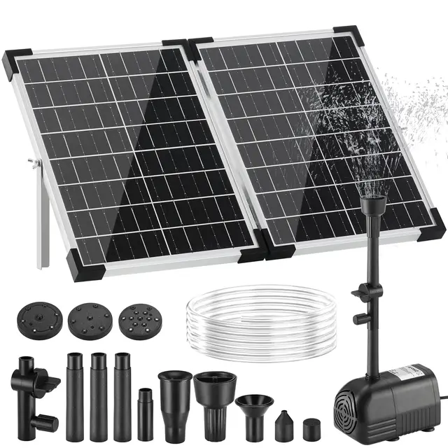 Clevich 35W Bomba de Agua Solar,280L/h,Máx 220cm,para Estanques Grandes (8-15 m²),Panel de Vidrio 100% con Motor sin Escobillas,4+4Boquillas y 2Filtros,Cable de 5 m,Kit Especial para Fuentes Estanques