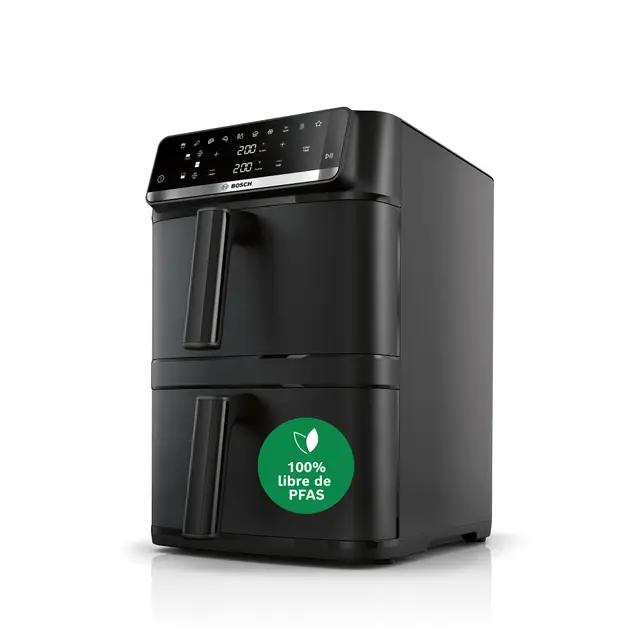 Bosch Freidora de aire Serie 6, XXL doble cesta 12 L, 2 cestas de 6 L con función SYNC, 6 programas, recubrimiento no tóxico, interior de metal, negro, MAFD661B0