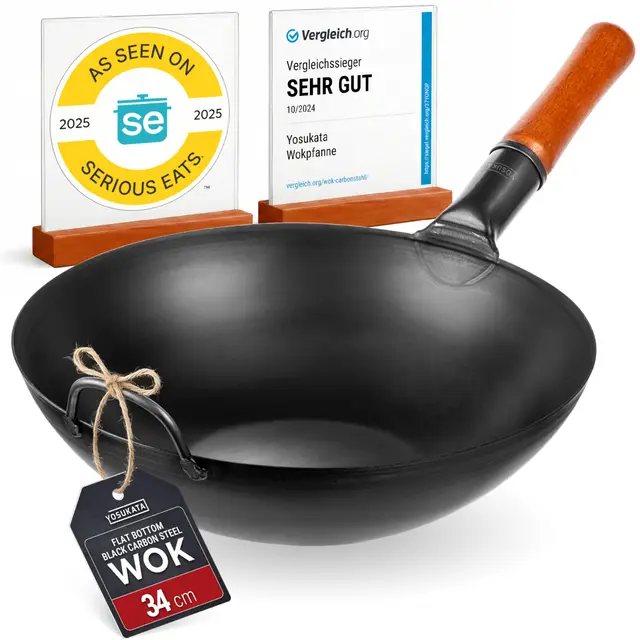 YOSUKATA Sartén Wok de Acero al Carbono 34 cm – Pre-sazonado de Fondo Plano – Wok de Inducción Tradicional – Sin Cobertura Química – Compatible con Cocinas de Gas Inducción Eléctricas y Fuego Abierto