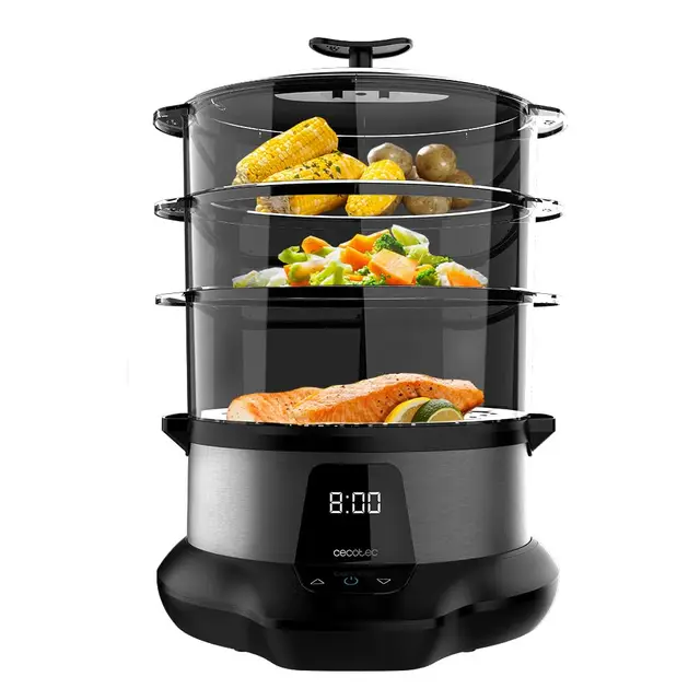Cecotec Vaporera Eléctrica VapoVita 3000 Pro. Cocina al Vapor y Conserva Nutrientes y Vitaminas. 1000W, Digital, Incluye 3 Recipientes, Cuenco para arroz 1L, Piezas no Eléctricas Aptas Lavavajillas