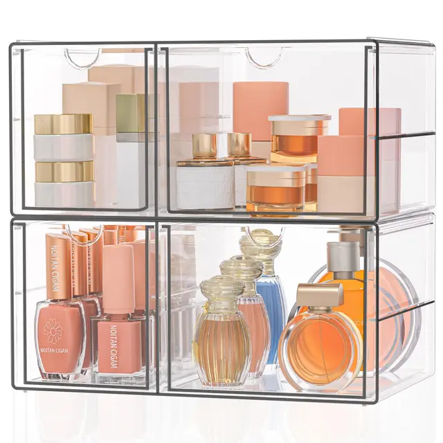 SortNStore Organizador de maquillaje con 4 cajones: Juego de 2 en acrílico con almohadillas antideslizantes | Apilable para cosméticos, joyas y artículos de papelería