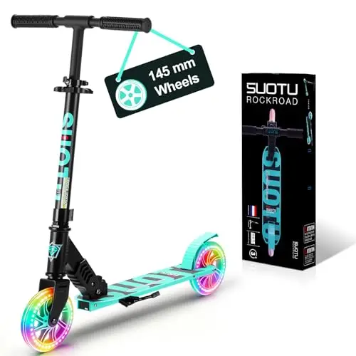 Patinete Niño con Grandes Ruedas Iluminadas de 145 mm, Carga Máxima: 100 kg, Scooter para Niños de 3 a 12 Años, Plegable, Volante Ajustable Altura, Aluminio