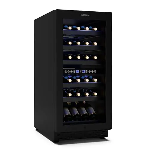 KLARSTEIN Vinovilla 30 Duo nevera para vino 2 zonas - 32 botellas, 5-18°C, LED-Touch, Silencioso 39 dB, negro mate, empotrable, refrigerador de vino Iluminado