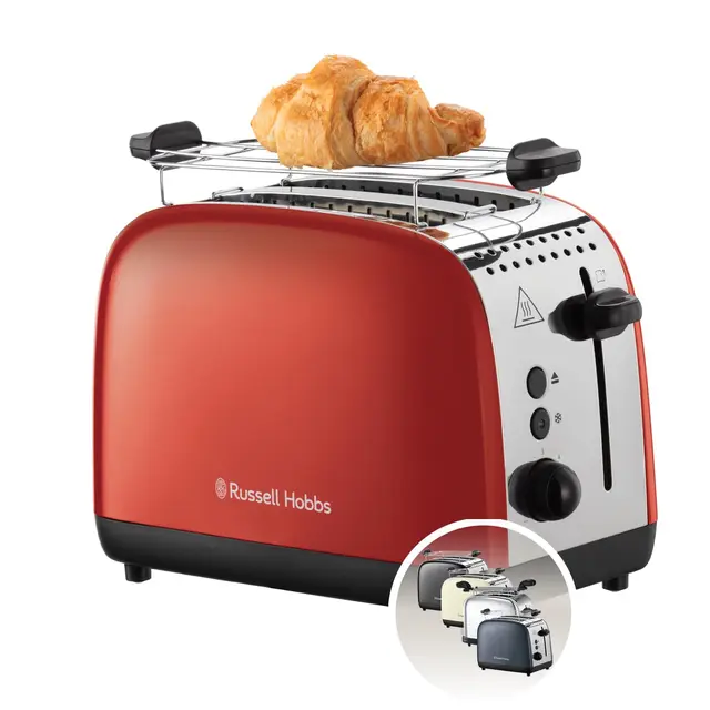 Russell Hobbs Tostadora Colours Plus, 2 Ranuras Cortas y Anchas, Tostador para 2 Rebanadas, Bandeja Recogemigas, Calientapanecillos, Función Cancelar y Descongelar, Acero Inoxidable, Rojo, 26554-56