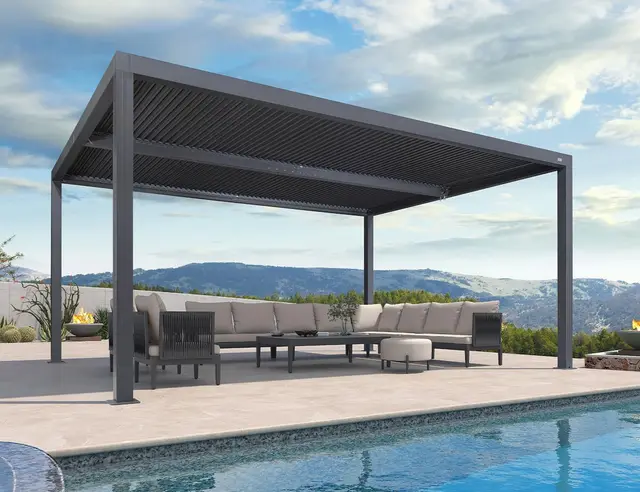 Pérgola bioclimática de aluminio de 4,8 x 3,68 m con techo con rejilla ajustable, toldo de jardín al aire libre de 17,66 m² para patio y terraza, toldo gris para una vida elegante al aire libre