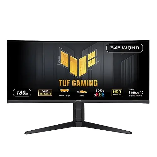 ASUS TUF VG34VQL3A Monitor Gaming curvo 34" (WQHD, 180Hz, 1500R, Diseño curvo, Extreme Low Motion Blur™, Freesync™ Premium Pro, 1ms (GTG), 125% sRGB, DisplayHDR™ 400 , DisplayWidget Center)