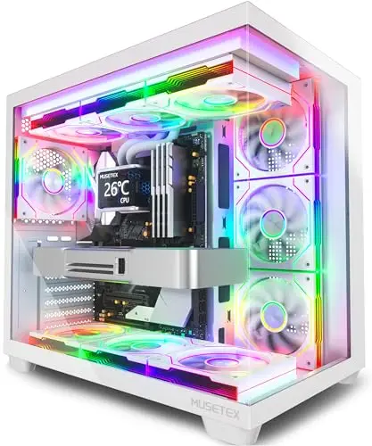 MUSETEX Y6 Caja PC, con 7 Ventiladores PWM ARGB de Espejo Infinito Preinstalados, Caja de Computadora ATX de Torre Mediana, Caja PC Gaming con Tipo-C, Cristal Templado de Vista Completa de 270°,Blanco