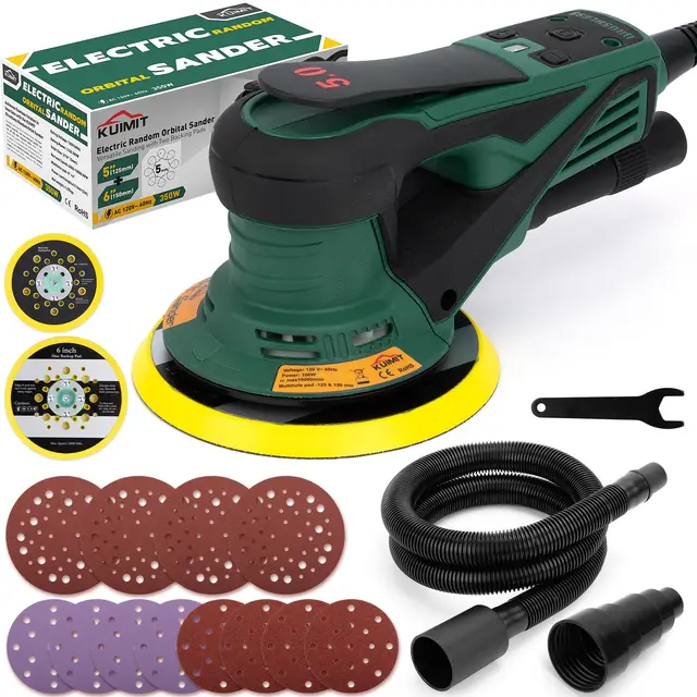 Lijadora Excéntrica, 350W Lijadora Orbital Electrica con Almohadillas Dobles de 125/150mm, Velocidad Variable de 4000-10,000 RPM, para Trabajar y Pulir Madera en Suelos, Proyectos de Automoción
