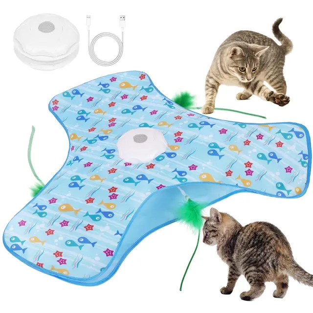 AUYAO Juguete Interactivo para Gatos, Juguete de Eléctrico Recargable para Gatos, Activación Táctil con Sonidos del Ratón, Pluma Móvil, Chirping, Tres Modos, Azul