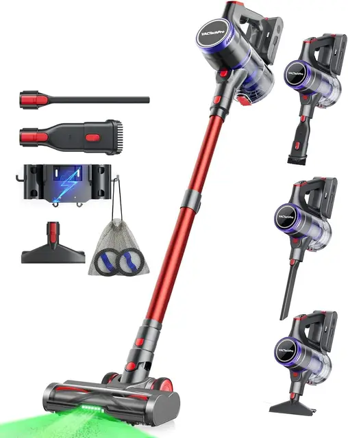 VACTechPro 55KPa/600W/70Min Aspiradora sin Cable, 1.6L Escoba Aspirador sin Cable con Filtración de 8 Capas, Súper Silencioso Aspirador Vertical con Cepillo Antienredos, Aspiradora, Rojo