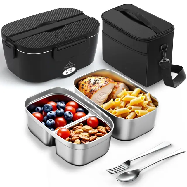 Fiambrera Electrica,120W Taper Electrico para Comida Calentamiento Ultrarrápido 3 en 1 Lonchera Electrica Trabajo 12V/24V/230V Para Viajes, Trabajo, Coche, Camión (1,5L x 2)