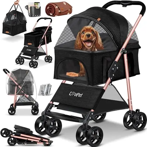 LOVPET Cochecito para perros 2 en 1, bolsa de transporte, plegable, hasta 20 kg, con ventana de red, soporte para bebidas, cubierta de lluvia y manta para correr para mascotas