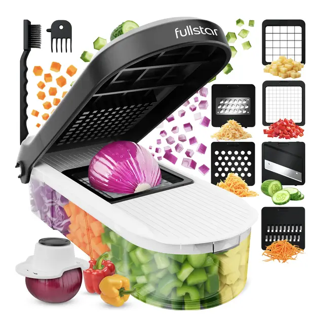 Fullstar Multifuncional Cortador de Verdura y Mandolina Profesional - Juliana Rallador Picadora Manual de Cebolla Pepino Patatas Fritas Queso - Gadgets y Utensilios Cocina (Compacto 6-en-1, Blanco)