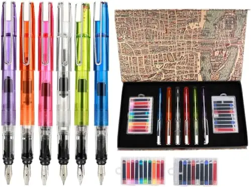 Set de Caligrafía 26 Piezas – 6 Plumas Estilográficas con Puntas de 0,7–2,9 mm y 20 Cartuchos de Tinta de Colores – Kit Hand Lettering y Escritura Creativa para Adultos GC-F620