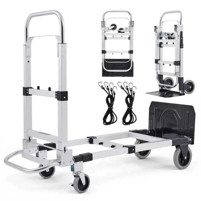 CREWORKS Carretilla Plegable de Aleación de Aluminio 2 en 1, Capacidad Máxima de Carga de 270kg Carro Plegable con Ruedas Bloqueables y 2 Correas para Mudanzas de Casas Estudio y Supermercados