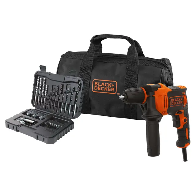 BLACK+DECKER Taladro percutor con cable 710W, acción percutora de alto rendimiento, velocidad variable, incluye 32 accesorios en bolsa blanda, BEH710SA32-QS