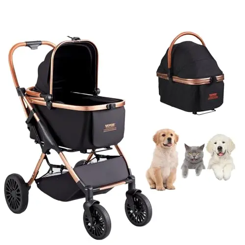 VEVOR Cochecito para Mascotas, 4 Ruedas giratorias con Frenos, Capacidad de Peso de 66 Libras, Cochecito para Cachorros con transportador Desmontable, Cesta de Almacenamiento y Almohadilla para