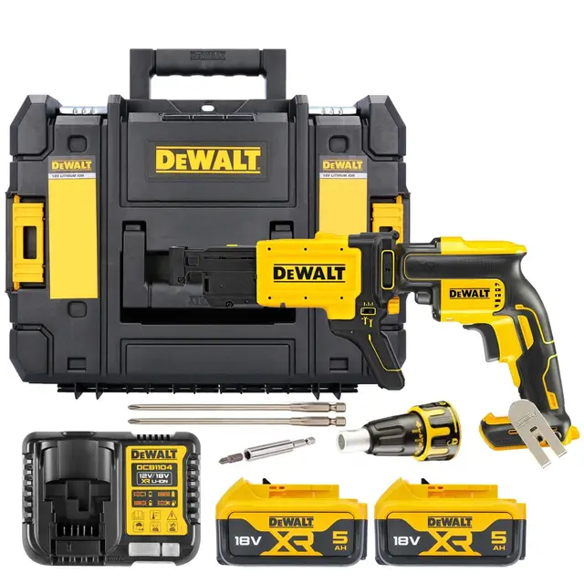 DEWALT DCF620P2K-QW - Atornillador Panel Yeso sin escobillas XR 18V con 2 baterías Li-Ion 5Ah + Cargador rápido de Tornillos y maletín TSTAK