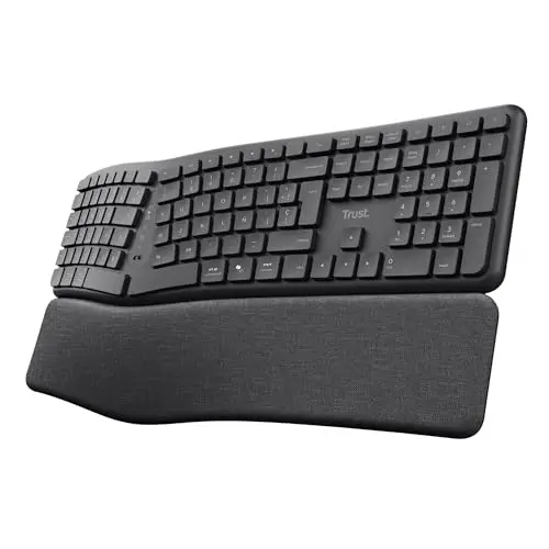 Trust Arvia Teclado Ergonómico Inalámbrico Silencioso QWERTY Español Bluetooth + 2.4GHz, Teclado Bluetooth Multidispositivo Dividido con Reposamanos, PC Ordenador Portátil Mac, Negro