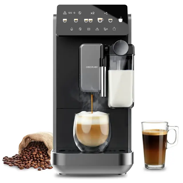 Cecotec Cafetera Superautomática con Depósito de Leche y Unidad de Procesado 20g Cremmaet Lungo Latte. 19Bares, Thermoblock, 7 Bebidas, Vaporizador, 5 Niveles Molido, Depósito Agua 2Ly 240ml Leche