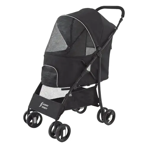 Sunny Sonny Cochecito de Mascotas para Perros y Gatos Pequeños/Medianos hasta 15 kg, Plegable Portátil con Ruedas Giratorias, Cubierta Antilluvia, Cesta, Cremallera y Diseño Seguro (Negro)