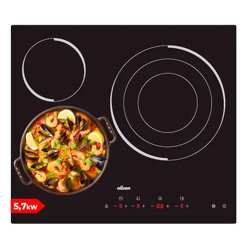 Nilson Placa Vitrocerámica Cristal Negro NV3600. Potencia máx. 5700 W, 3 Zonas de Cocción, 9 Niveles, Control Táctil, Bloqueo y Autodesconexión de Seguridad, Diámetros 16-20-30 cm