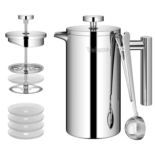 Velaze - Cafetera de émbolo (acero inoxidable, 350 ml, para 2 tazas, doble pared, cafetera, con 5 flitros y cuchara-S