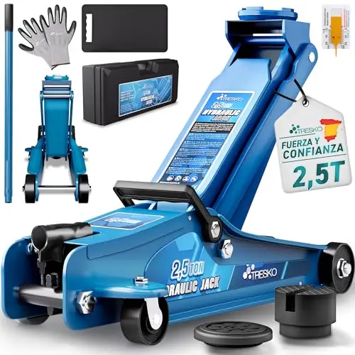 TRESKO Gato hidráulico de 2,5 T, Altura de elevación de 85 – 385 mm, con maletín, hidráulico, Plano, para Coches Bajos, Ruedas de 360°, Incluye 2 Almohadillas de Goma, Alfombrilla para Rodillas