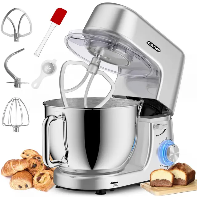 Homlee Batidora Amasadora Profesional 1800W Bajo Ruido Amasadora de Pan,con Bol de Acero inoxidable de 7.2 L,Amasador,Batidor,Varillas y Protección Para Salpicaduras 6 Velocidades