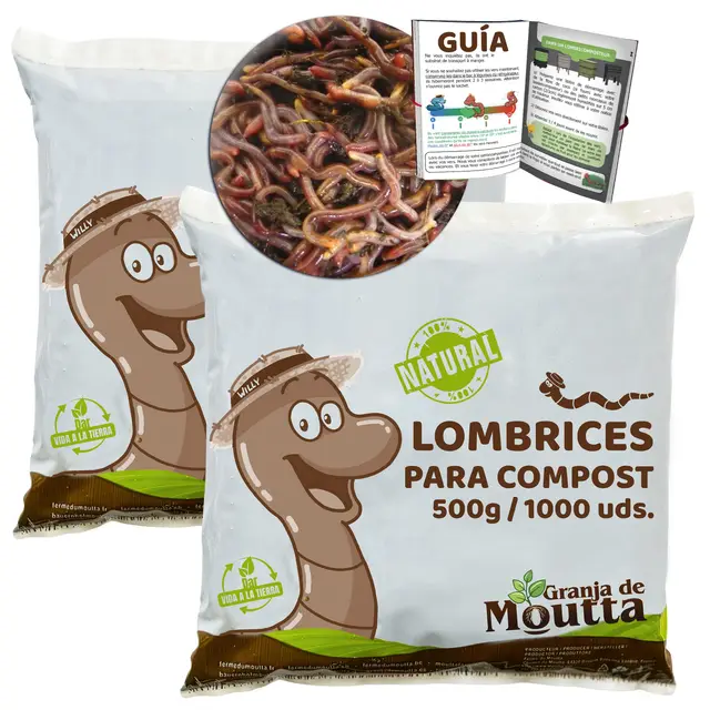 Lombrices 1kg (2,000 uds. aprox.) | Lombriz de tierra vivas Eisenia, elabora compost con tus residuos orgánicos - Para vermicompostador/compostador/jardín