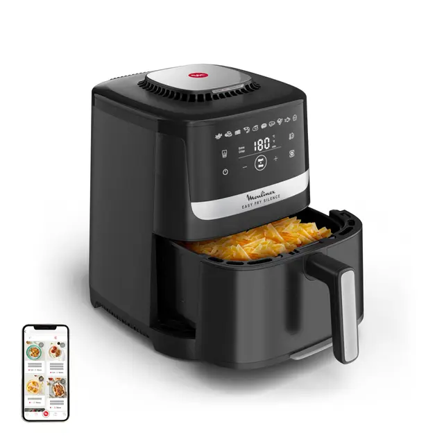 Moulinex Easy Fry Silence, freidora de aire, Cesta de Almacenaje 5L, Tecnología Silenciosa, Sistema de Limpieza y Almacenamiento Fácil, 10 programas, Negra, EZ5528F0