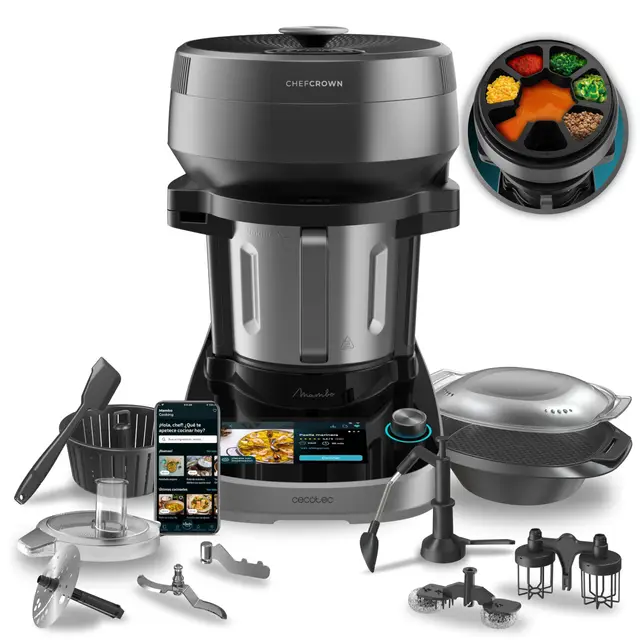 Cecotec Robot de Cocina Multifunción con Dispensador de Alimentos Mambo CooKing Unique. 2200W, 45 Funciones, Miles de Recetas Guiadas, Jarra Unique de 4,5L, Accesorios: Vaporera o Pala para Guisos