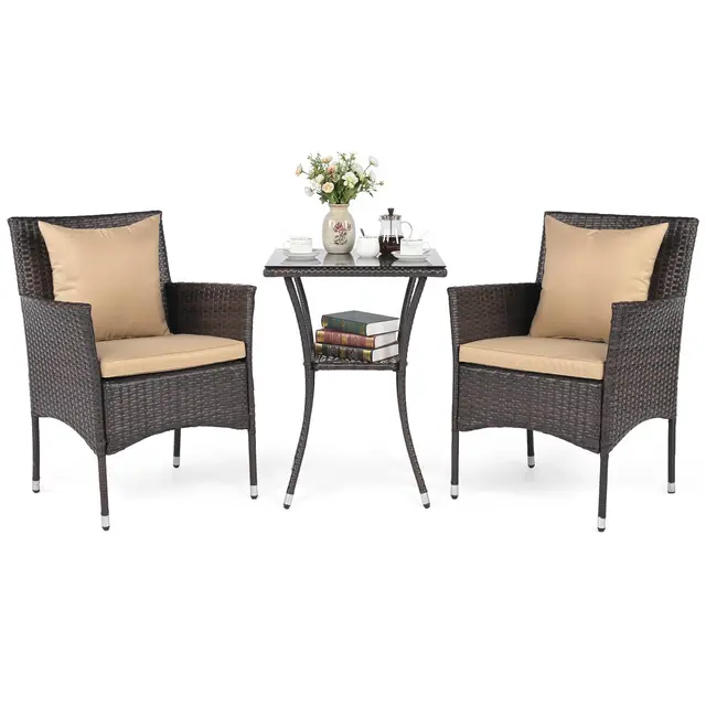 COSTWAY Conjunto Mesa y Sillas Jardin, Mesa y Sillas Terraza Exterior de 3 Piezas,Mesita de Cristal Templado de 2 Nivel,Muebles de Conversación para Exteriores con Cojines para Porche Piscina