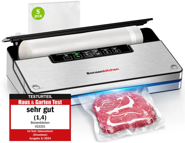 Bonsenkitchen Envasadora al Vacío, Maquina al Vacio con 5 modos, 8 L/min, Tecnología Globefish para Un Funcionamiento a Alta Velocidad, Vacío Rápido, Incluye 5 Bolsas de Vacío y 1 Bolsa de Rollo