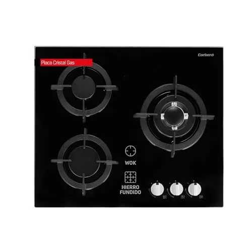Corberó - Placa Cristal Gas butano |CPCGY2303N | 3 Fuegos | Potencia 7,75KW | Zona Wok | Sin Autoencendido | Desconexión Automática | Parrilla Hierro Fundido | Kit de conversión a gas natural | Negro