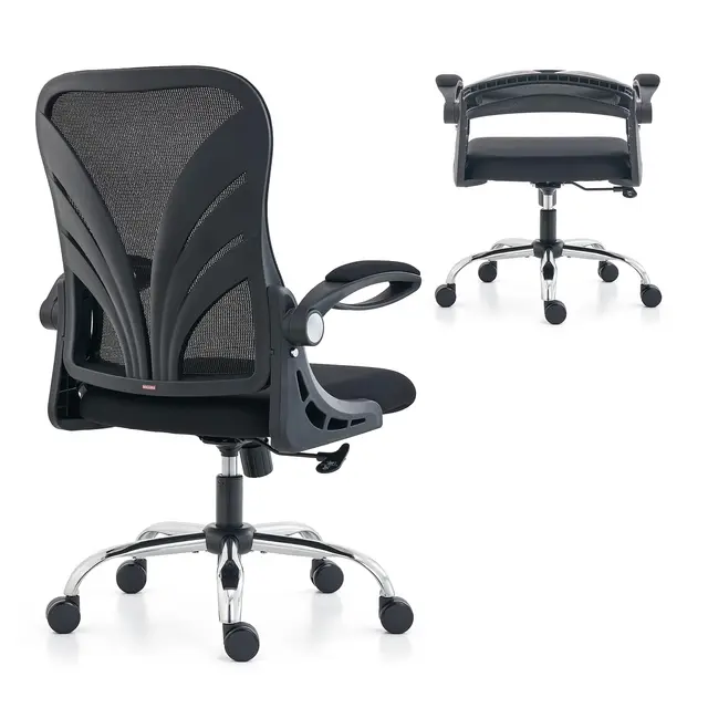 HOLLUDLE Silla de Oficina Ergonómica con Respaldo Plegable, Silla de Escritorio con Reposabrazos, Asiento Ancho y Soporte Lumbar de Malla, Silla Giratoria Ejecutiva para Computadora, Negro